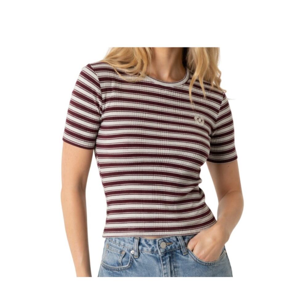 PINK Victoria's Secret Ribbed Baby Tee Burgundy Stripe Fitted Top Size M